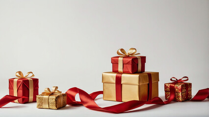 Festive christmas presents isolated on white background, featuring red and gold gift boxes with ribbons and bows, perfect for holiday celebrations and special occasions with a touch of elegance
