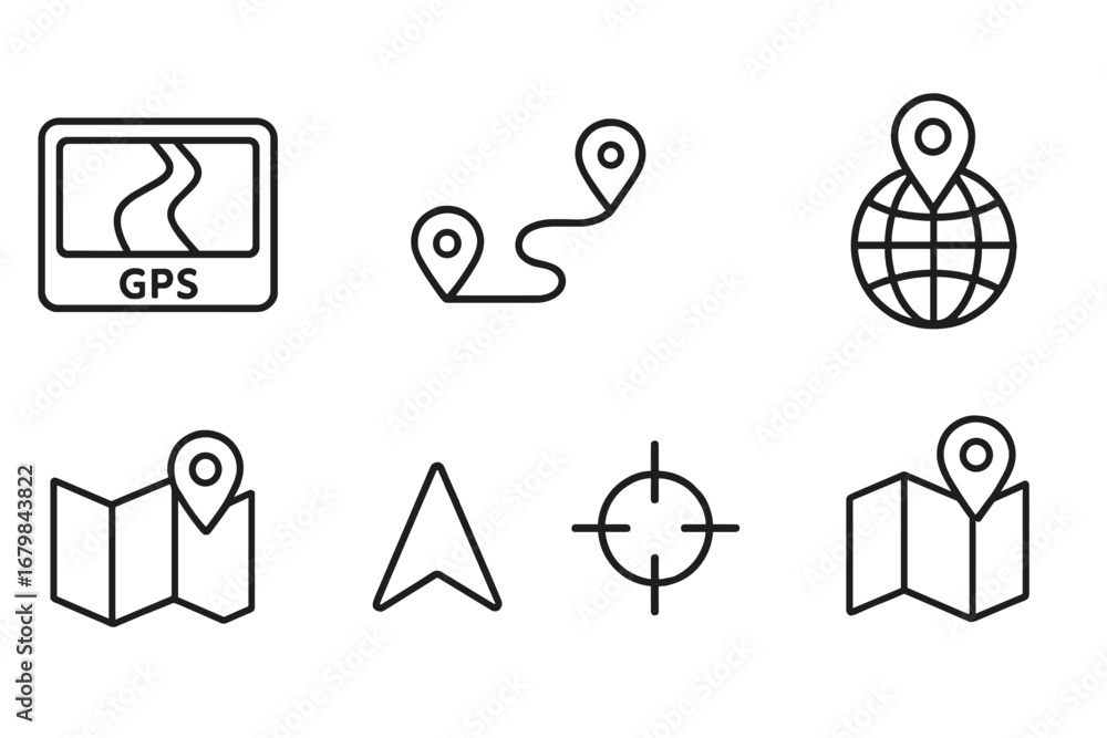 Poster navigation map outline icon set. gps, route, location pin concepts. vector symbols for direction, de