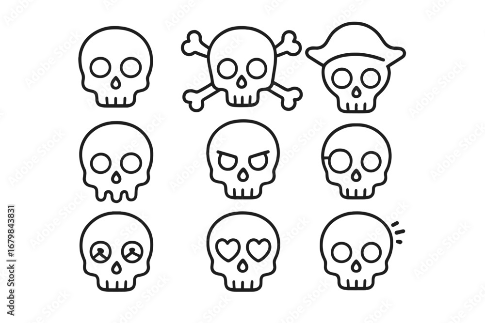 Poster skull outline icon collection. simple linear vector set with editable stroke. cartoon head skeleton 