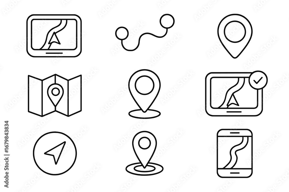 Poster navigation and map outline icon set. gps route and location symbols for web, mobile app. vector line
