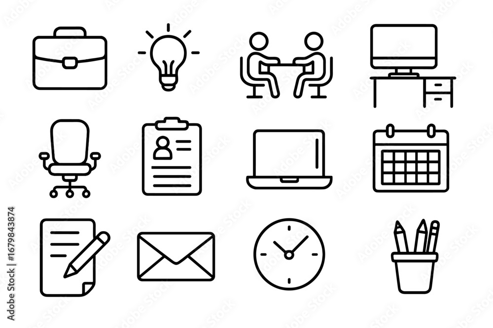 Poster office outline icon set for business and productivity. vector collection of workspace symbols: meeti