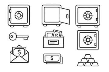 Safe deposit box line icon set. Finance, banking, and security concepts. Vector icons of vault, key, money, cash, gold bars. Editable stroke for infographics and web.