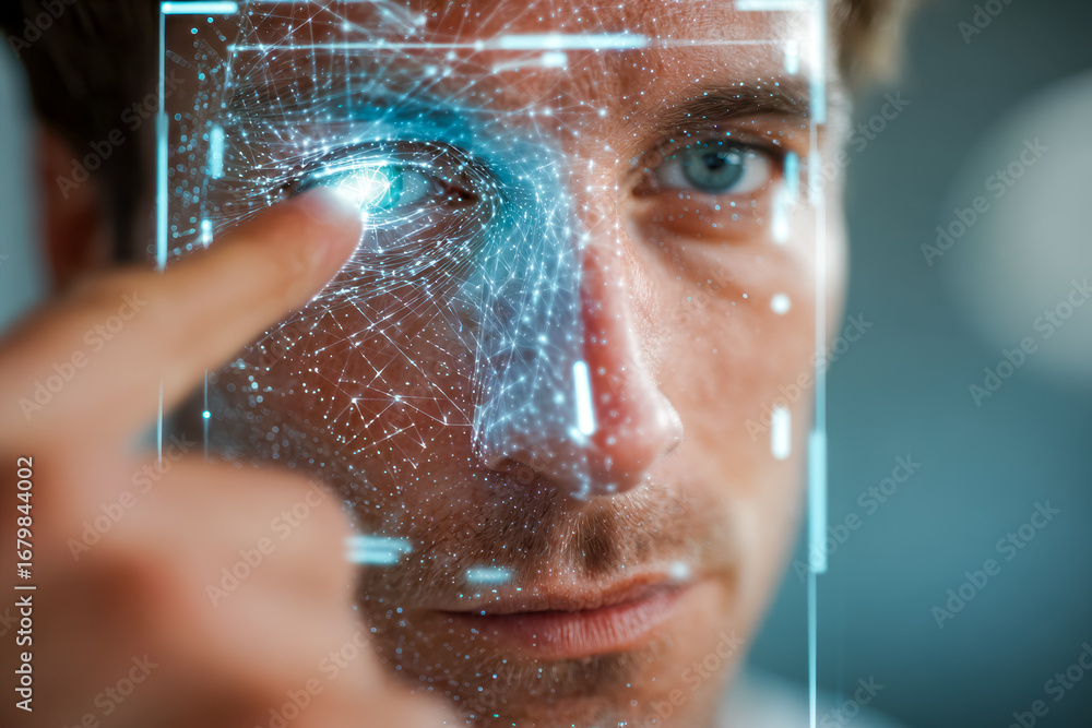 Aufkleber close-up of a man interacting with a futuristic digital interface showcasing technological and biome