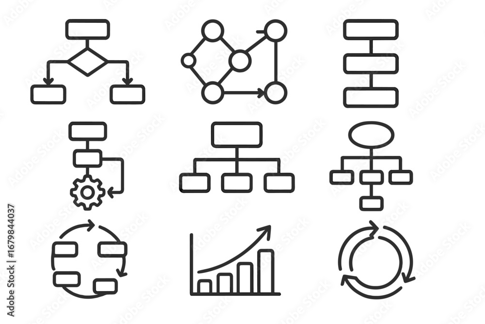 Poster business process icon set. vector outline icons for flowchart, org chart, hierarchy, data analysis, 