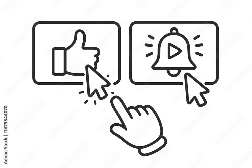 Poster Vector icon set of Like and Subscribe buttons with mouse cursor and hand pointer. Social media engagement concept. Call to action for followers. Notification bell symbol.