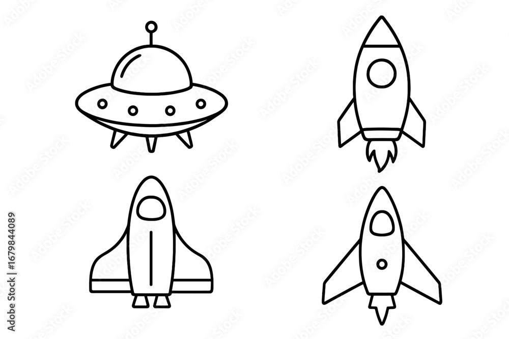 Poster spaceship and rocket outline icon set. ufo, space shuttle and spacecraft line art collection. simple