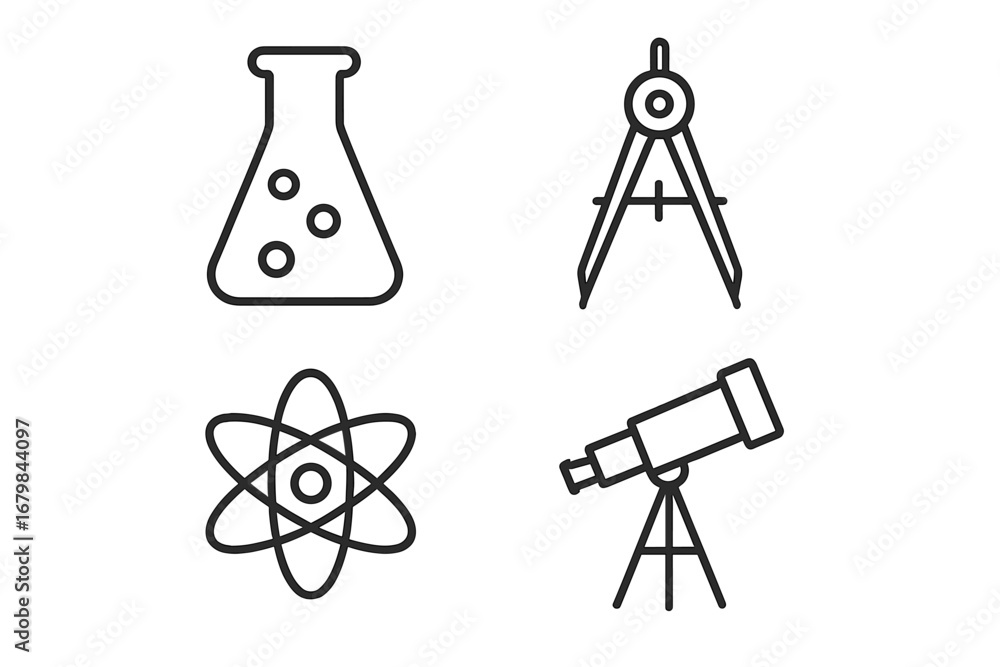 Poster science line icon set with laboratory flask, atom, telescope, and compass. vector collection for edu