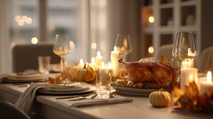 Obraz premium Thanksgiving Dinner Table with Pumpkins, Candles and Roasted Turkey