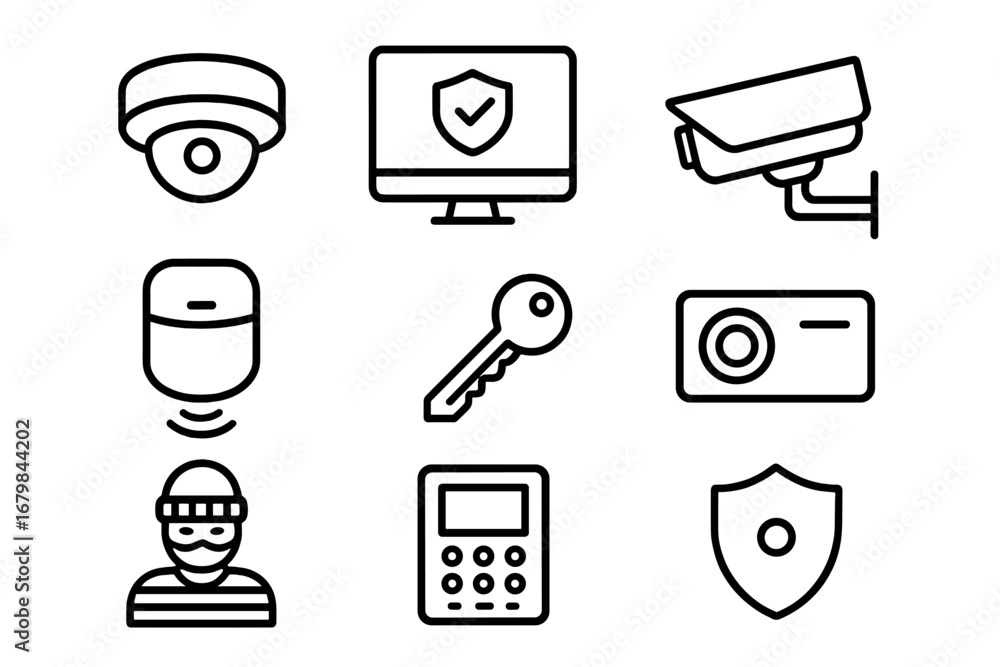 Poster security and surveillance line icon set. monitoring, camera outline collection. vector concepts for 