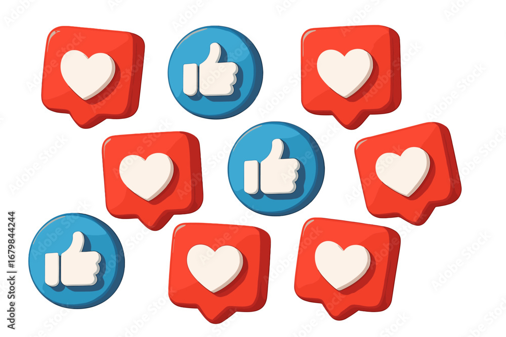 Poster social media 3d love and like icons. heart and thumb up notification symbols for web and mobile app 