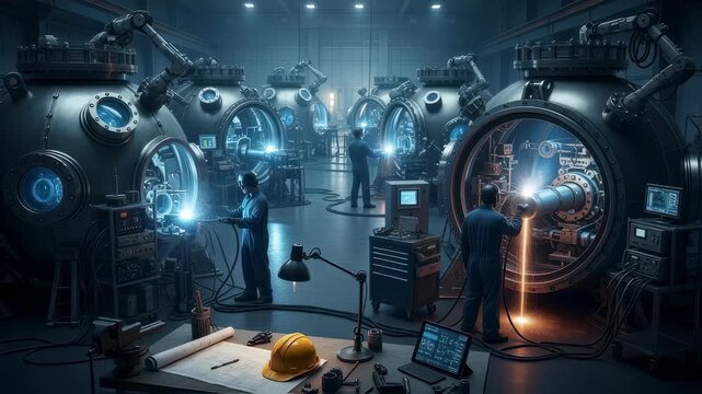 Workshop scene with multiple hyperbaric habitat mockups positioned for experimental studies of subsea pipeline welding under pressure.