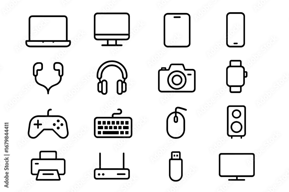 Poster technology line icon set. electronics and digital device outline collection. vector symbols of compu