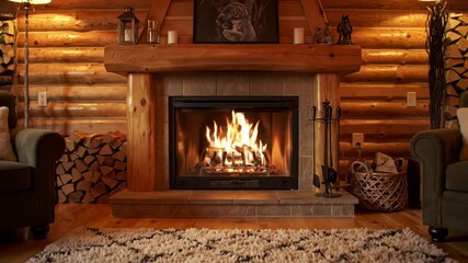 Cozy cabin fireplace burning brightly, log walls, rug