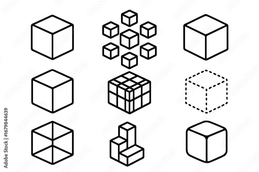 Poster cube line icon set. collection of various 3d box and block symbols. vector geometric shapes for info