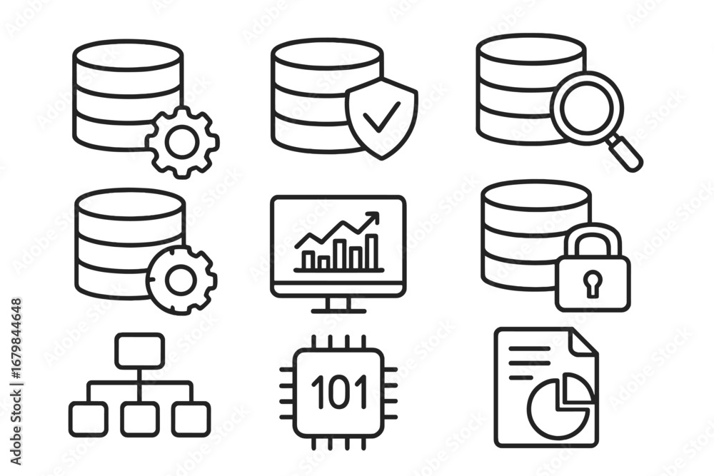 Poster data analytics and database line icon set. big data management, server security, and information pro