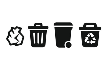 Waste management solid icon set. Trash can, litter, and recycling bin symbols. Vector illustration for eco friendly solutions. Garbage separation and disposal concept.