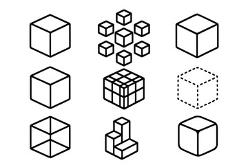 Cube line icon set. Collection of various 3D box and block symbols. Vector geometric shapes for infographics. Abstract data, network, system, structure, blockchain concept.