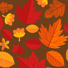 Autumn background and frame made of leaves, branches, berries, acorns and mushrooms in vector. Flat style.