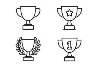 Vector trophy and award cup line icon set. Champion prize for first place winner. Victory and achievement concept with star and laurel wreath. Editable stroke illustration.
