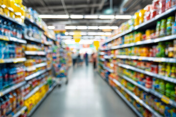 Obraz na płótnie Canvas Blurred aisle in a brightly lit supermarket filled with colorful products and shoppers browsing through shelves in the background for daily essentials and groceries