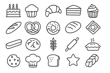 Sweet and savory baked goods illustrated in a modern design featuring cakes, breads, and pastries
