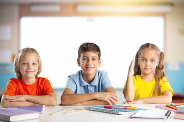 Portrait of happy school child studying in classroom