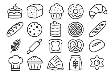 Bakery items drawn in simple sketches showcasing a variety of breads, pastries, and desserts on a white background