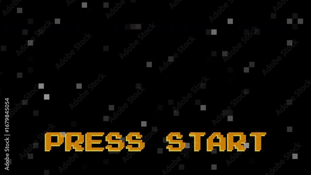 Poster press start zoom animation – retro 8 bit pixel art title screen for game developers