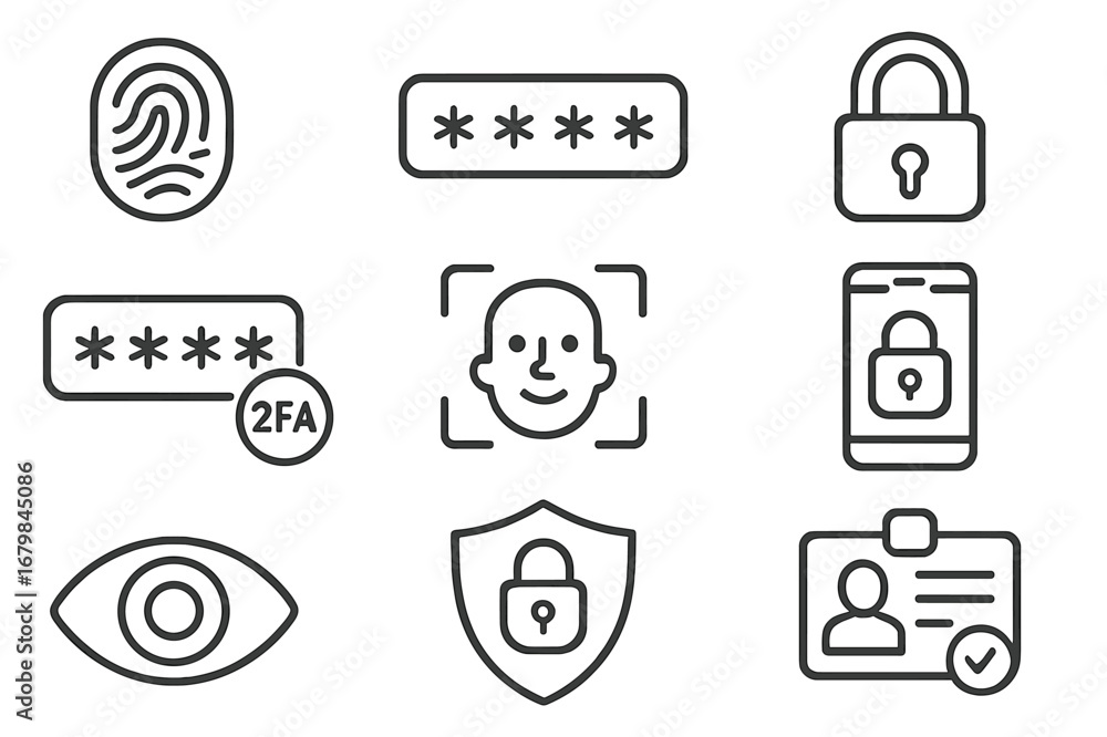Aufkleber security icons representing biometric authentication, password protection, and identity verification