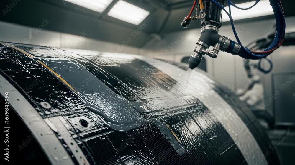 Poster closeup of robotic arm precisely spraying ablative heatshield material on reentry vehicle surface in