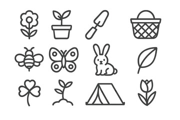 Various hand-drawn garden and spring elements featuring flowers, animals, and tools in a simple design