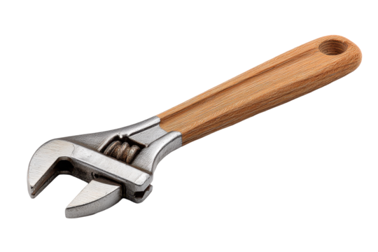 Adjustable Wrench with Wooden Handle on Transparent Background