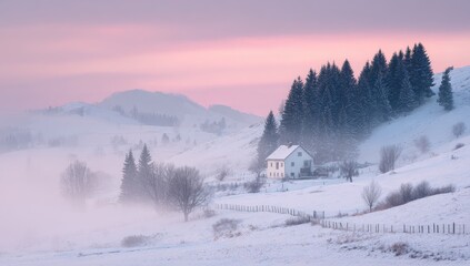 Snowy winter sunrise mist mountain house