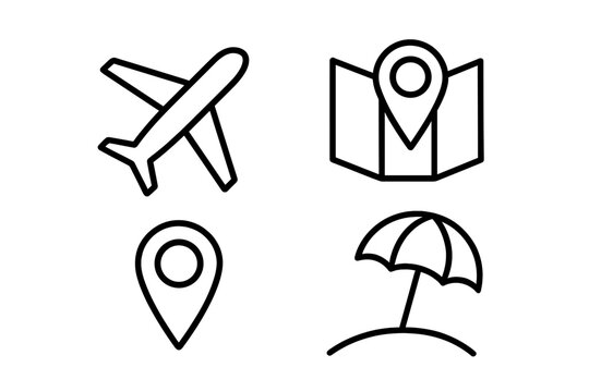 Simple travel and vacation outline icon set. Linear icons for tourism and holiday concepts. Includes plane, map with pin, GPS location, and beach umbrella. Vector for web, app, UI.