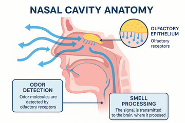 Obraz premium Nasal Cavity Anatomy Diagram: Illustration of Odor Detection and Smell Processing [Illustration]