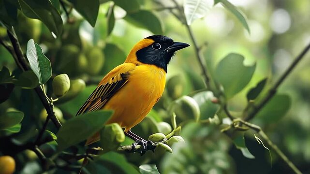 A vibrant yellow and black bird perches on a leafy branch, surrounded by green foliage