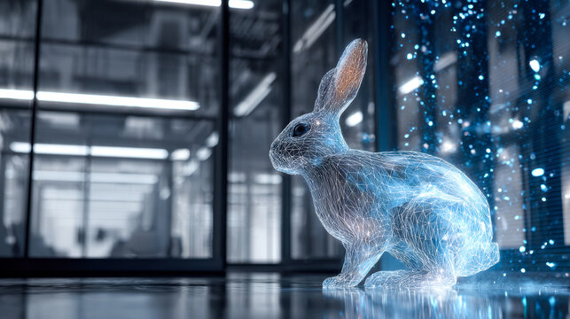 Digital hologram of a rabbit in a modern technology center - Powered by Adobe