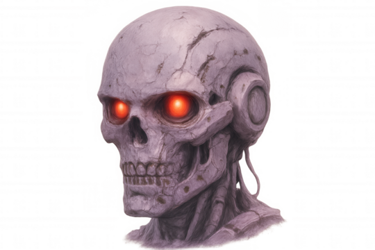 Metallic robotic skull featuring piercing crimson optics, embodying dark technological aesthetic for sci-fi and horror-themed graphic designs