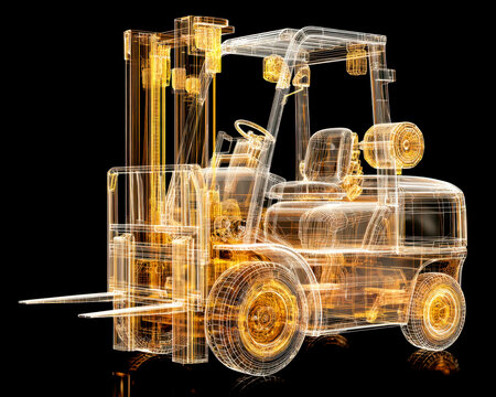 Digital blueprint of a forklift truck with transparent wireframe detail