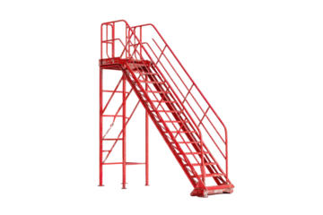 Red Metal Fire Escape Staircase on Transparent Background