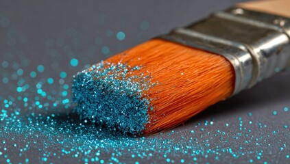 Fototapeta premium Teal glitter paintbrush on gray background