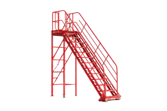 Red Metal Fire Escape Staircase on Transparent Background