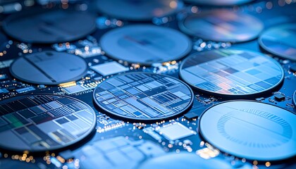 Close-up of circuit boards with silicon wafers