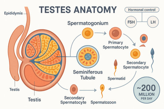 Testes Anatomy: Spermatogenesis Illustration, Male Reproductive System, Hormonal Control, Testis, Epididymis, Sperm Production, Male Health [Illustration]