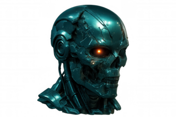 Menacing cyborg displaying glowing red artificial intelligence eyes against transparent backdrop