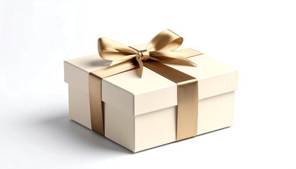 Obraz premium A regal cream-colored gift box is elegantly adorned with a golden ribbon bow, showcasing a simple yet sophisticated aesthetic.