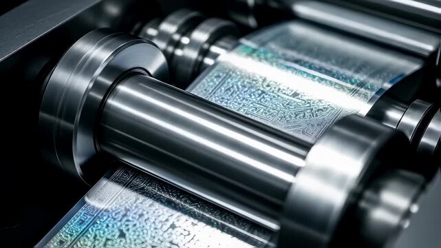 Closeup on multidimensional hologram details emerging from a highspeed embossing press designed specifically for secure banknote production.