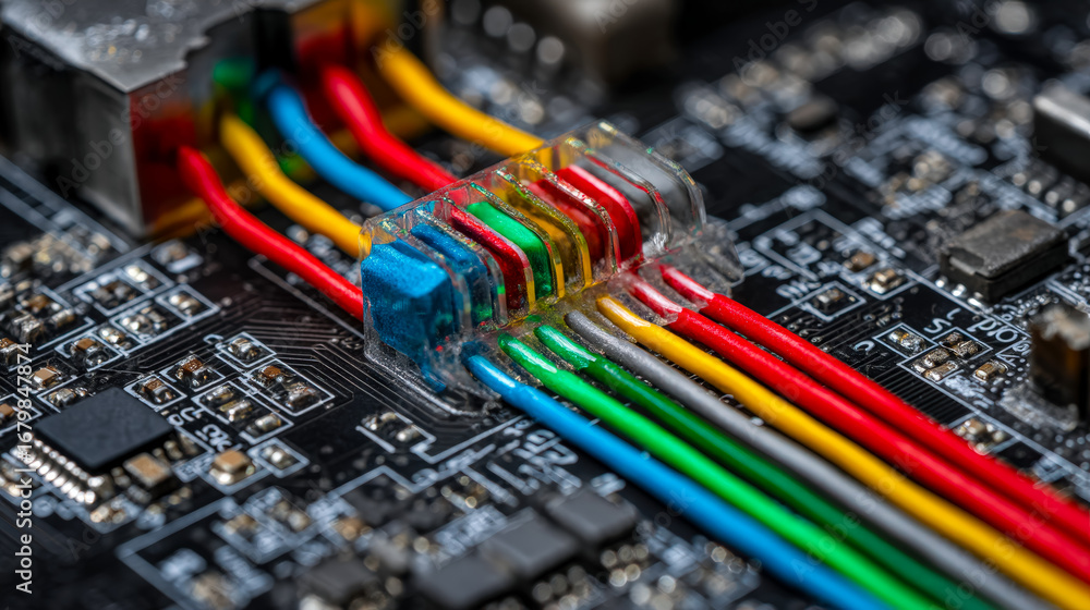 Aufkleber close-up of colorful electronic wires connected to a circuit board for computer hardware assembly