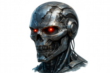 Metallic robotic skull glowing with intense red eyes, symbolizing advanced ai technology against transparent backdrop