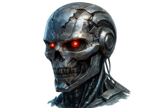 Metallic robotic skull glowing with intense red eyes, symbolizing advanced ai technology against transparent backdrop